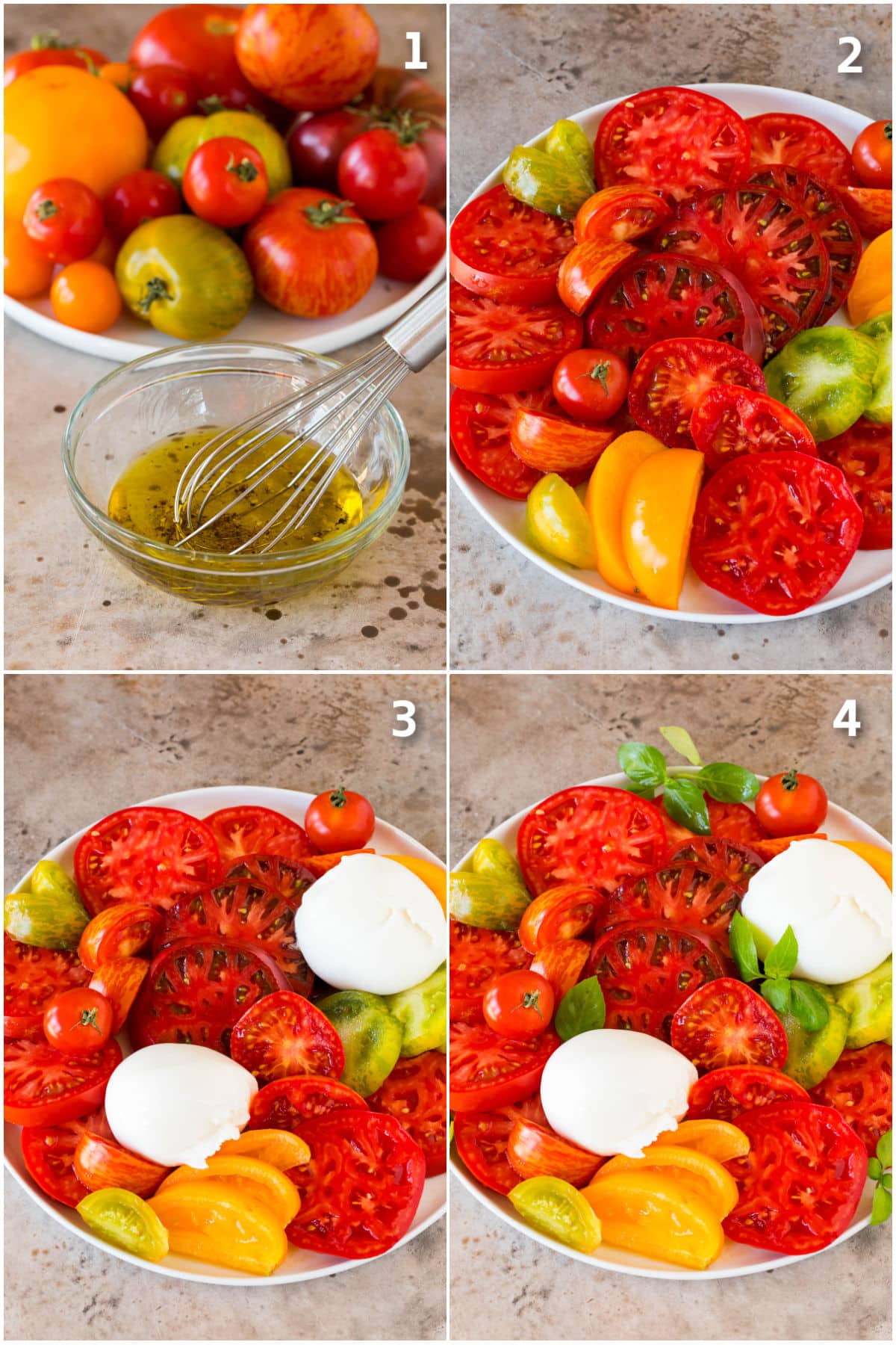 Step by step process shots showing how to make burrata salad.