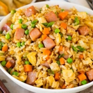 A serving bowl of ham fried rice topped with green onions.