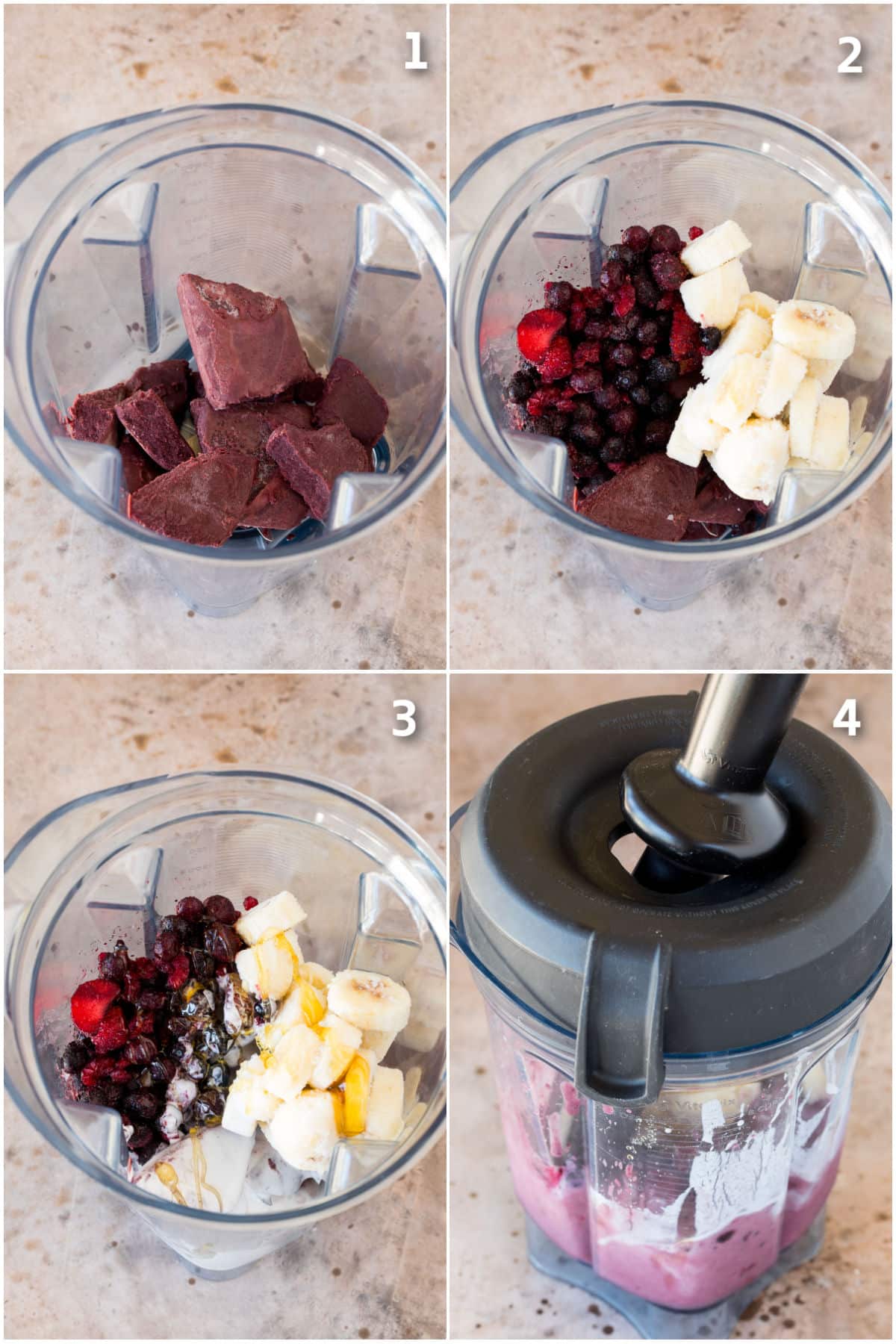 Step by step process shots showing how to make an acai bowl.