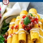 These chicken taquitos are stuffed with seasoned shredded chicken and cheese, then baked or fried to crispy perfection.