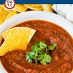 This chipotle salsa is a blend of fire roasted tomatoes, onion, chipotle peppers, cilantro and lime juice, all mixed together to make a smoky and spicy salsa.