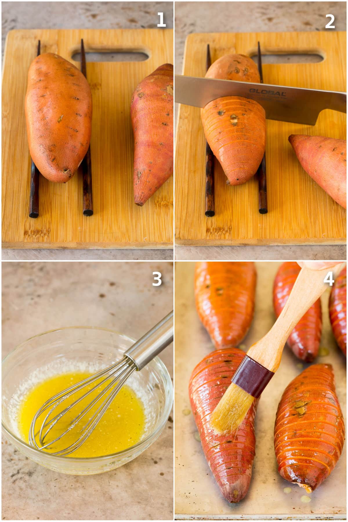 Step by step process shots showing how to thinly slice a sweet potato.
