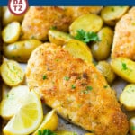 This Italian chicken is coated in a crispy parmesan crust and baked to perfection along with potatoes.