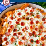 This pizza pasta is a one pot meal made with pepperoni, sausage and plenty of cheese, all mixed with pasta in tomato sauce.