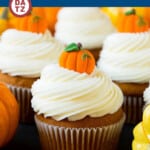 These pumpkin cupcakes are filled with pumpkin puree and spices, then baked and topped with a generous amount of cream cheese frosting.