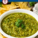 This homemade salsa verde is a combination of roasted chilies, tomatillos, garlic, cilantro and lime juice, all blended together to make a light and refreshing dip.