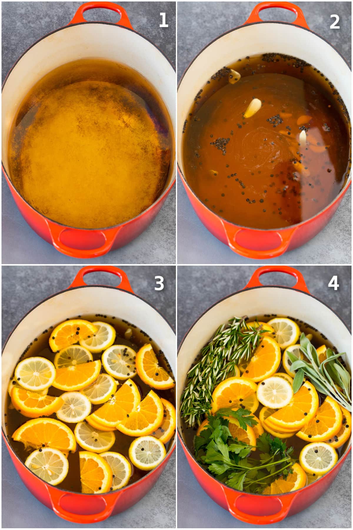 Step by step process shots showing how to make smoked turkey brine.