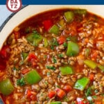 This stuffed pepper soup is a hearty meal loaded with ground beef, onions, rice and bell peppers in a tomato based broth.