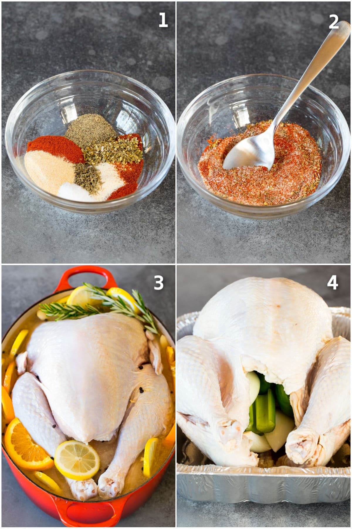 Spices being mixed together and a turkey being brined and stuffed.