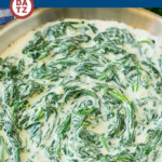 A pan of creamed spinach ready to be served.