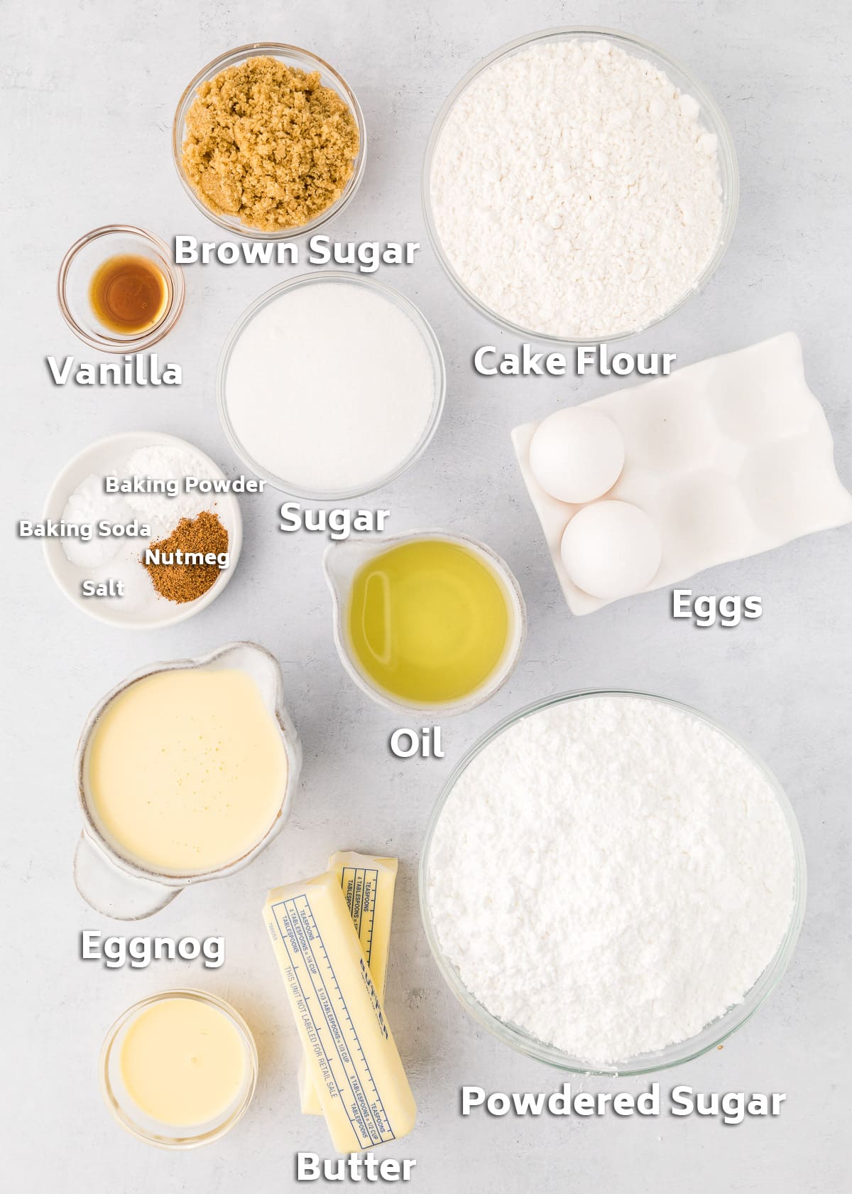 Ingredients including flour, sugar, butter, and eggs.