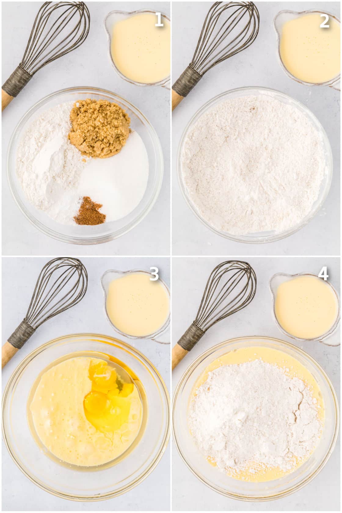Process shots showing how to combine dry and wet ingredients to make cake batter.