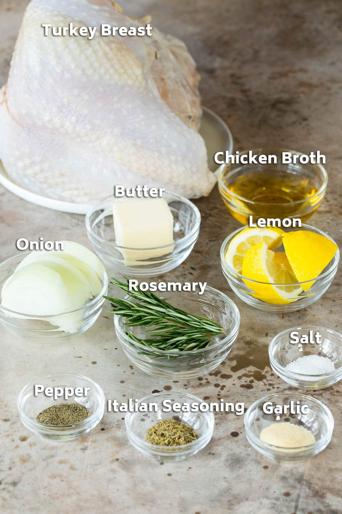 Ingredients including turkey, butter, herbs and spices.