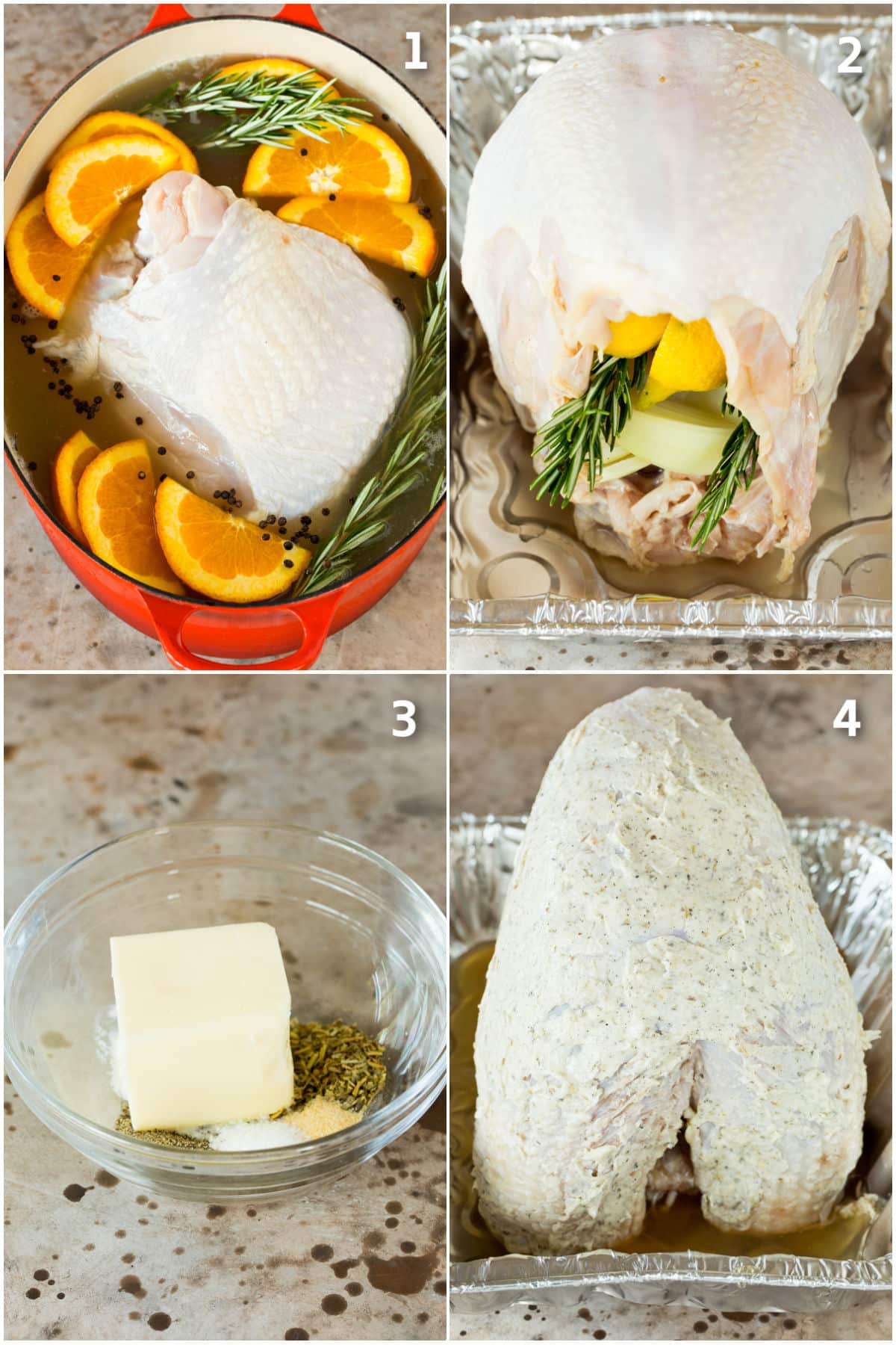 Turkey in brine, then stuffed with herbs and coated in butter.