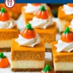 These pumpkin cheesecake bars are layers of graham cracker crust, vanilla cheesecake and pumpkin cheesecake, all baked together to create an impressive dessert.