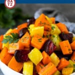 This roasted root vegetables recipe contains carrots, parsnips, sweet potatoes, onions and beets, all roasted together until browned and caramelized.