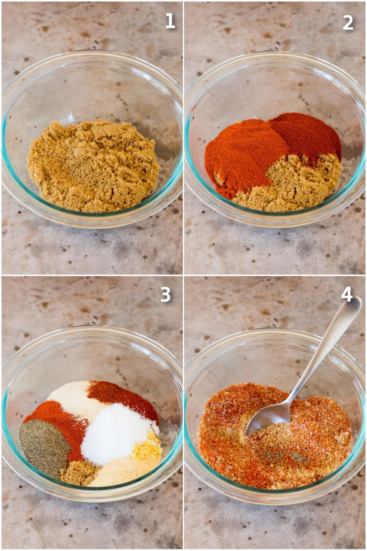 Spices being put into a bowl and stirred together.