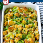This turkey stuffing is a classic recipe with bread, sauteed vegetables, butter and fresh herbs, all baked together to golden brown perfection.