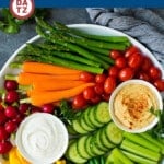 This homemade veggie tray is an assortment of colorful vegetables paired with a variety of flavorful dips.