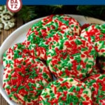 A plate of cake mix cookies with holiday sprinkles.