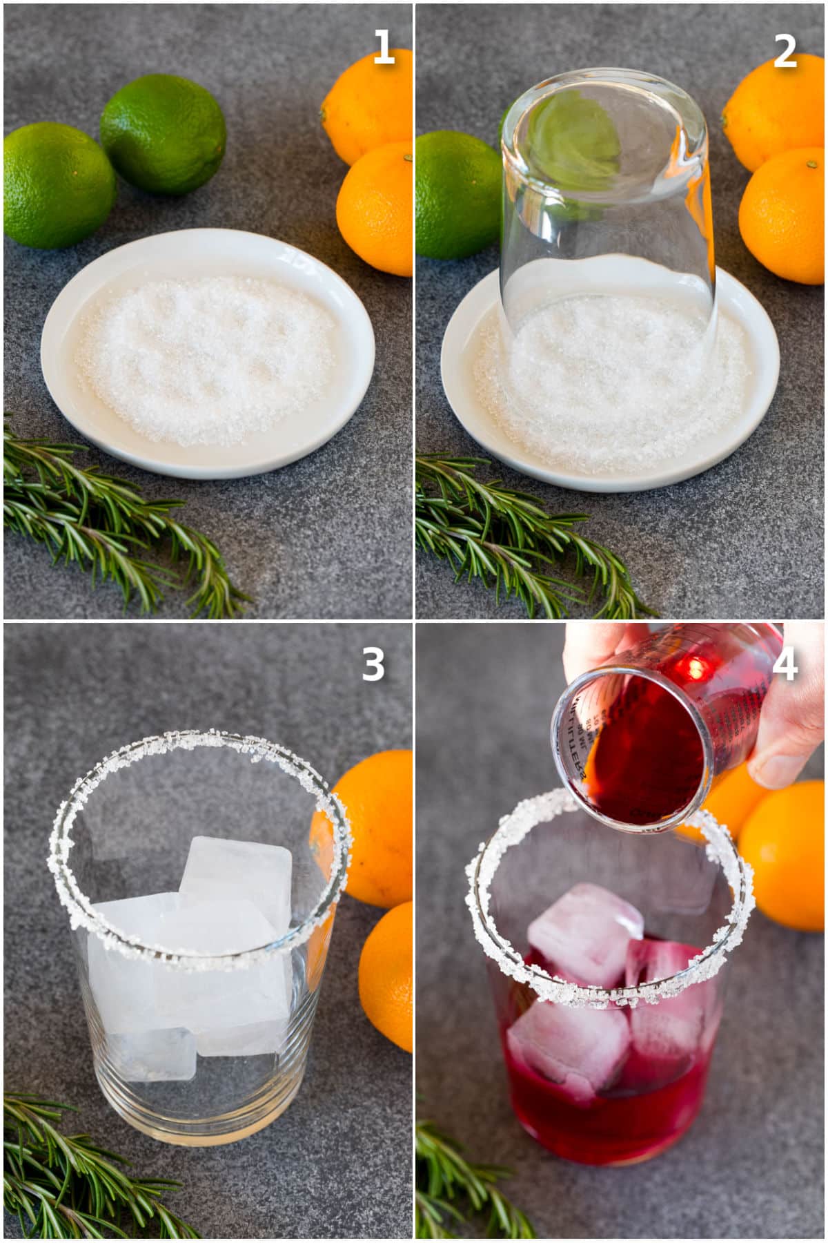 A glass dipped in sugar and salt with ice and cranberry juice being added to it.