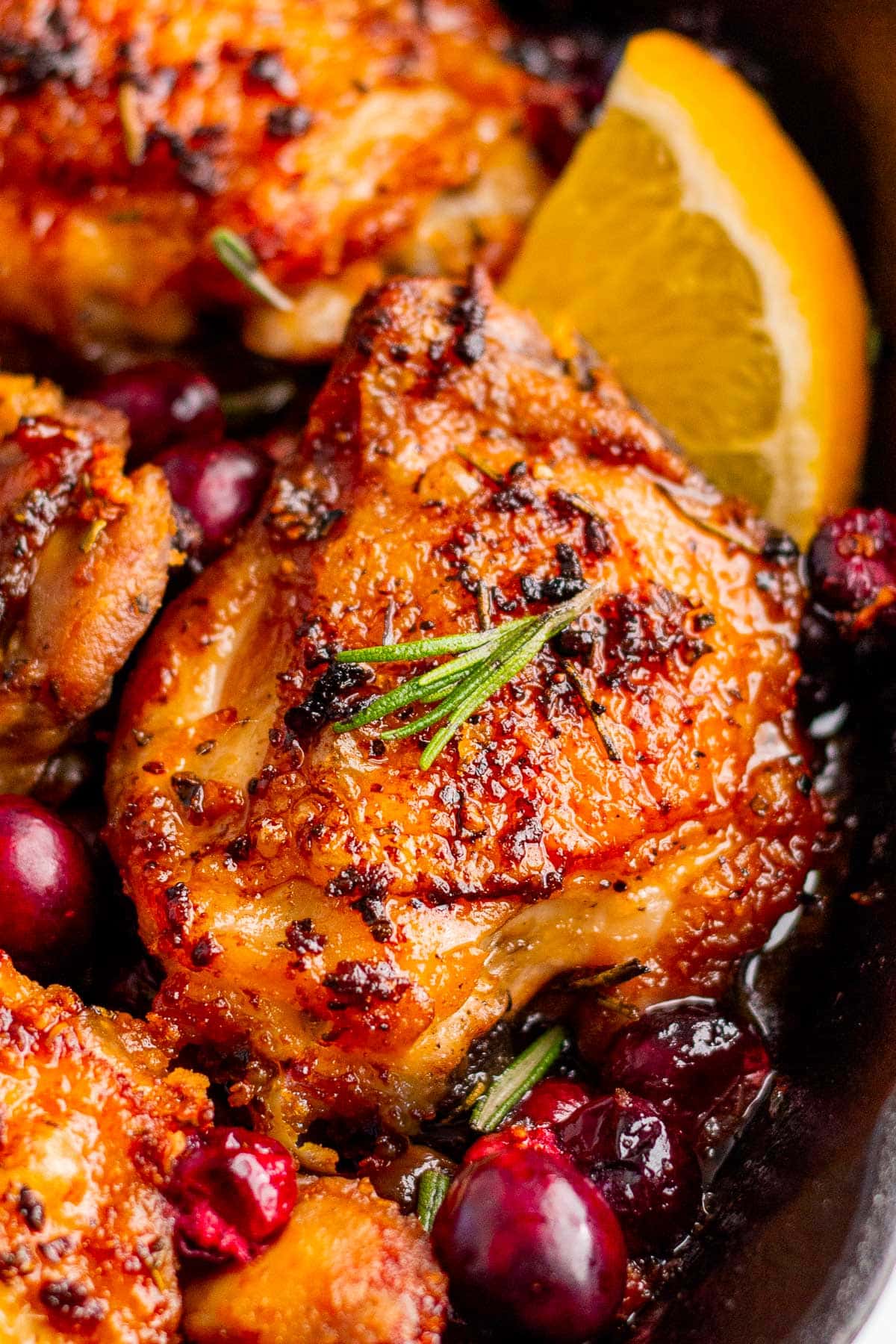 Cranberry chicken in a skillet garnished with orange slices and fresh rosemary.