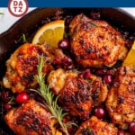 This cranberry chicken is chicken thighs roasted with fresh cranberries, orange juice and seasonings.