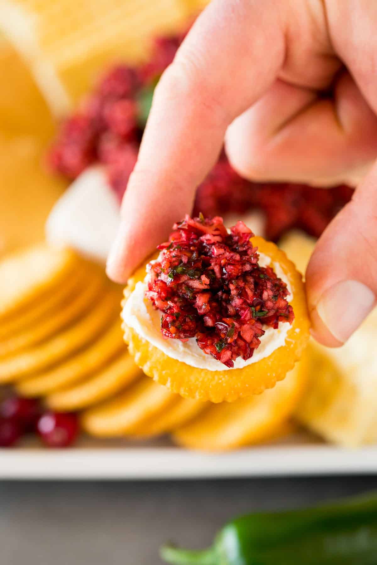 A hand holding a cracker topped with cranberry jalapeno dip.