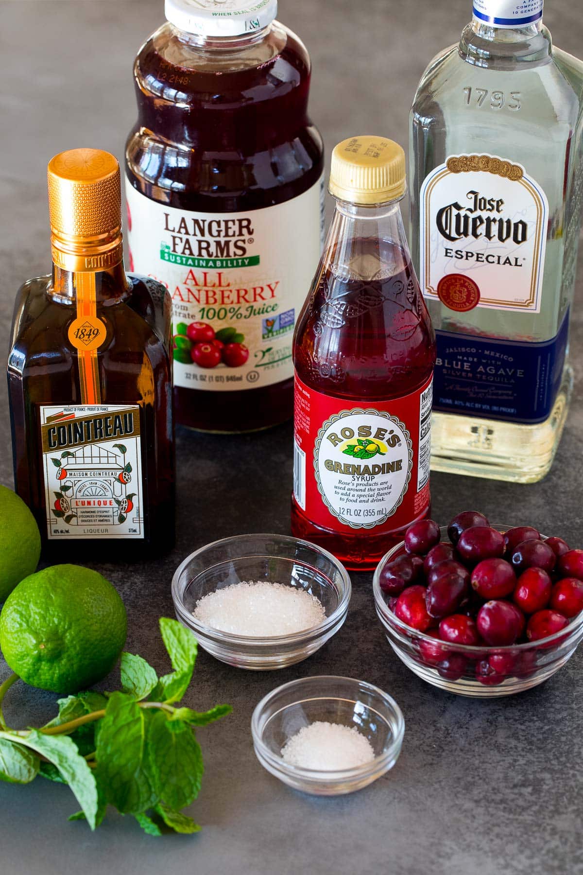 Ingredients including tequila, triple sec, cranberry juice and grenadine.