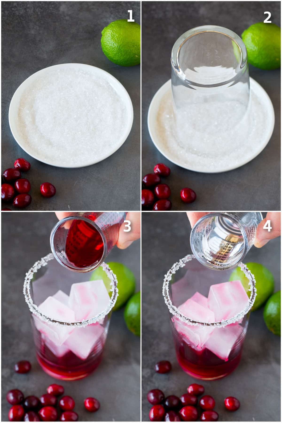 A glass being dipped in sugar and salt, then filled with ice and juice.