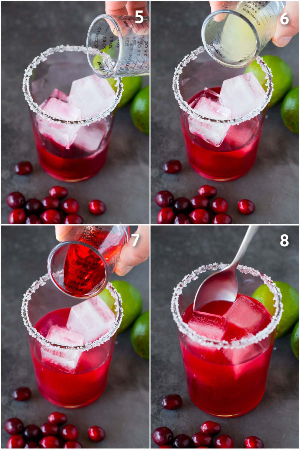 Liquor and grenadine being poured into a cocktail.