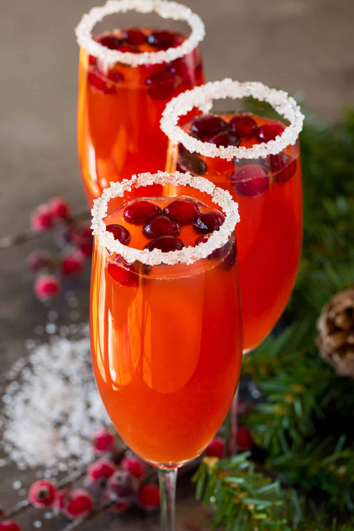 Glasses of cranberry mimosa with a sugar rim and a fresh cranberry garnish.