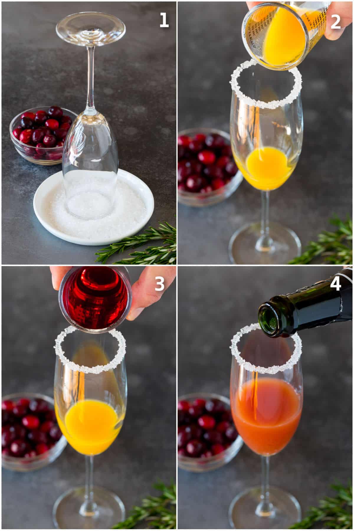 A champagne glass rim coated in sugar, and juices and champagne being poured into the glass.