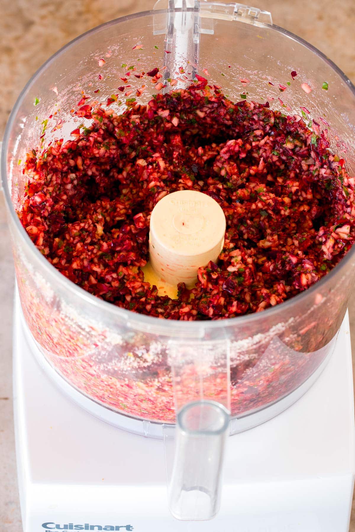 Cranberries, herbs and sugar ground up in a food processor.