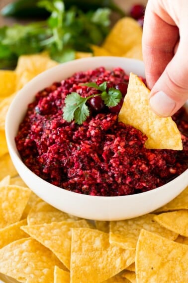 A hand scooping up some cranberry salsa with a tortilla chip.