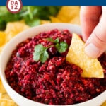 This cranberry salsa is fresh cranberries, sugar, jalapenos and herbs, all blended together in a food processor to make a unique dip option.