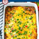This hash brown egg casserole is full of ham, veggies and cheese, all baked to perfection.