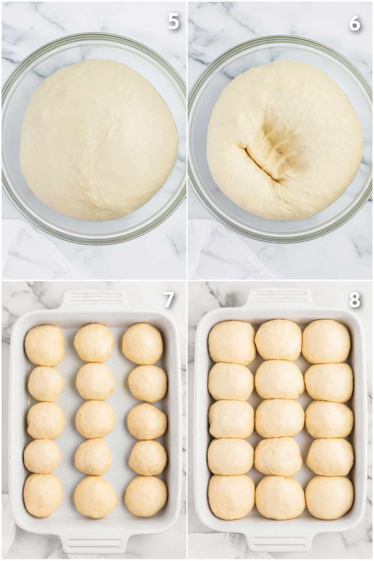 Dough being shaped into balls and in a baking dish.