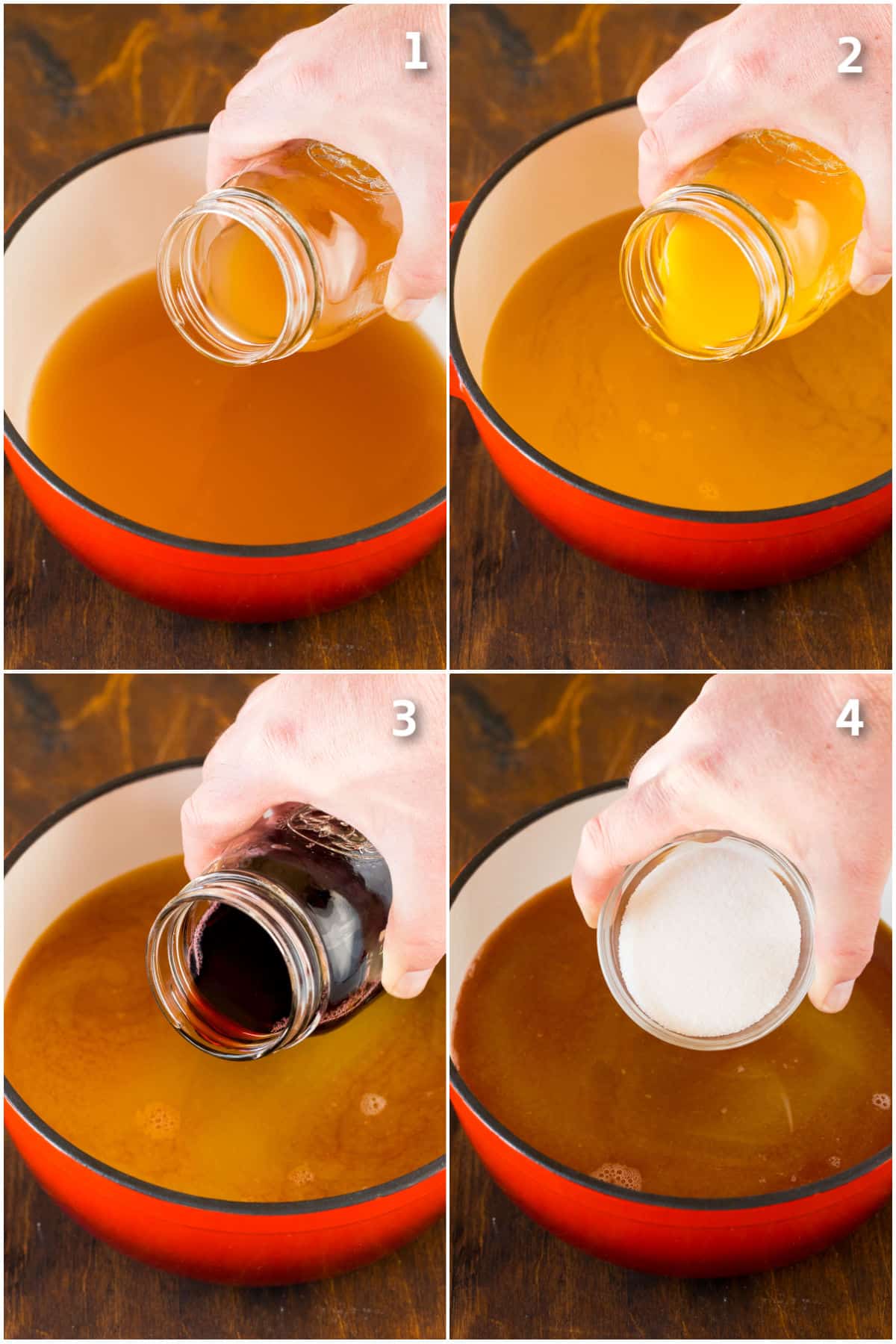 Juices and sugar being poured into a pot.