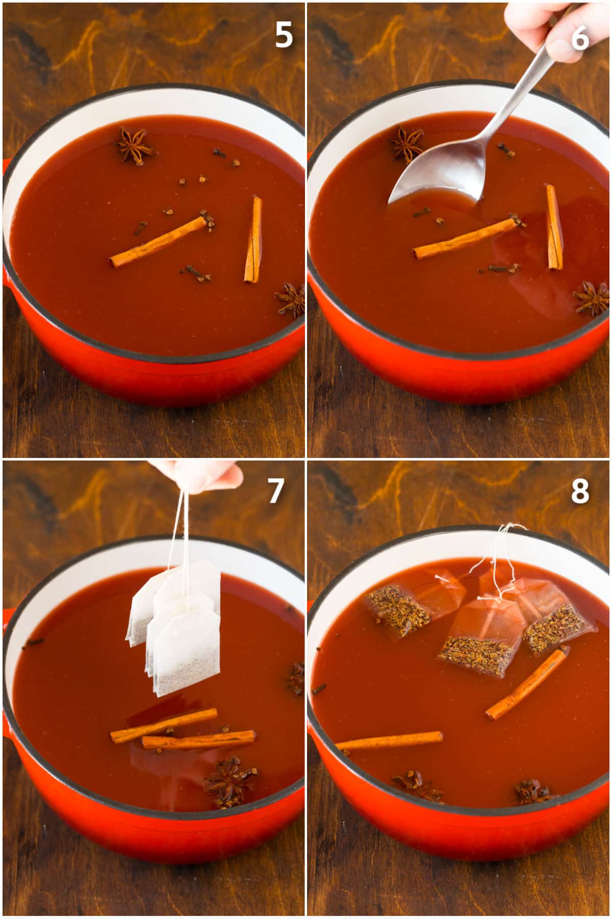 Cinnamon and tea bags being put into a pot of juices and sugar.