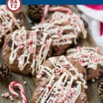These peppermint bark cookies are a decadent double chocolate delight topped with white chocolate and crushed candy canes.