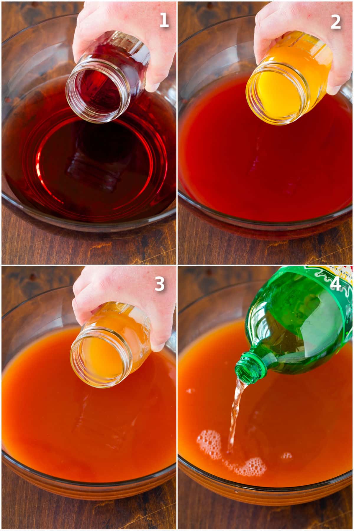 Step by step process shots showing drinks being poured into a punch bowl.