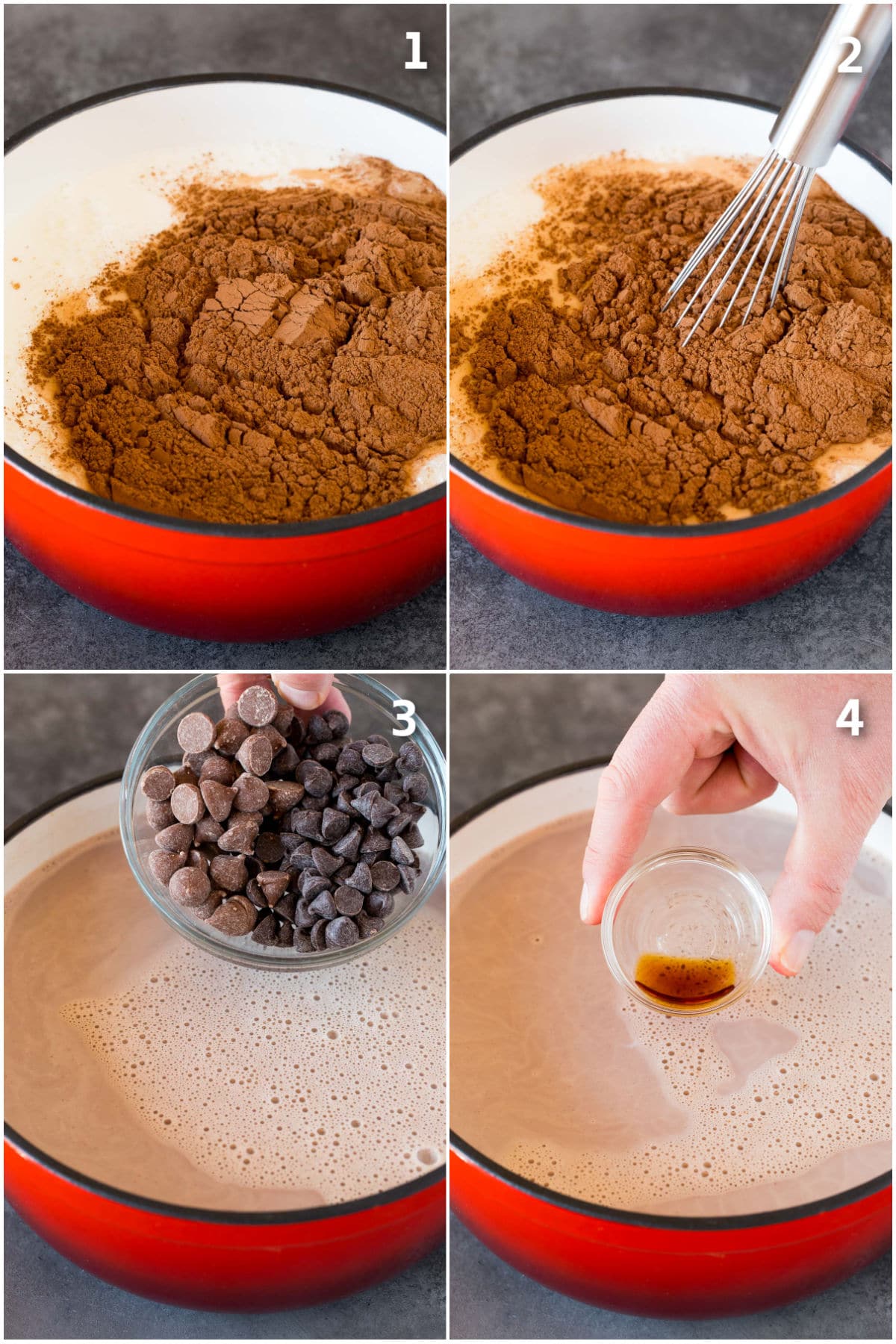 Cocoa powder being whisked into milk with chocolate and vanilla added.