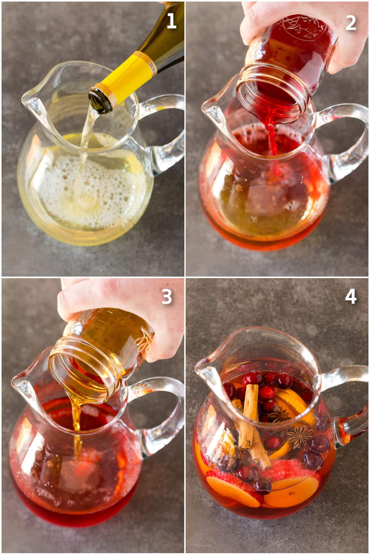 Wine, juice and brandy being poured into a glass pitcher.