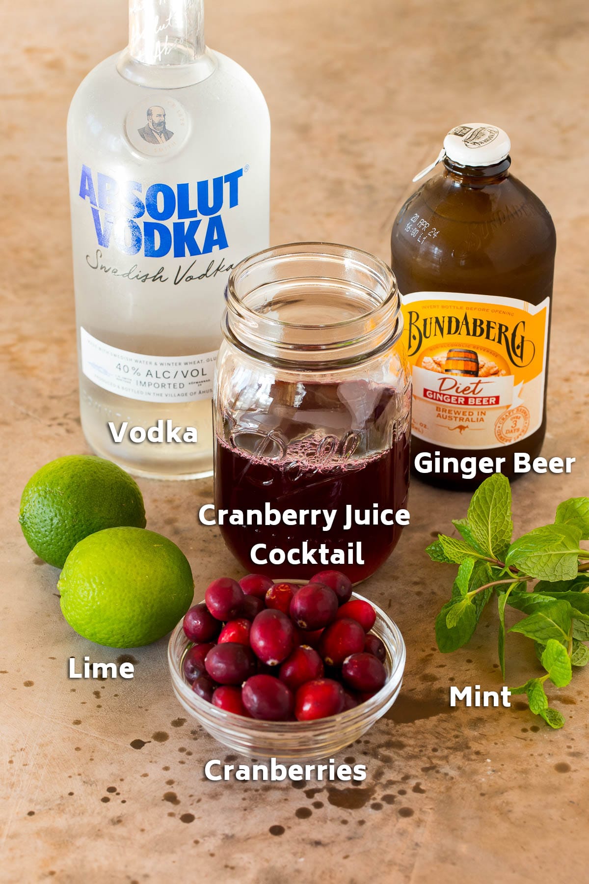 Ingredients including a bottle of vodka, ginger beer and cranberry juice.