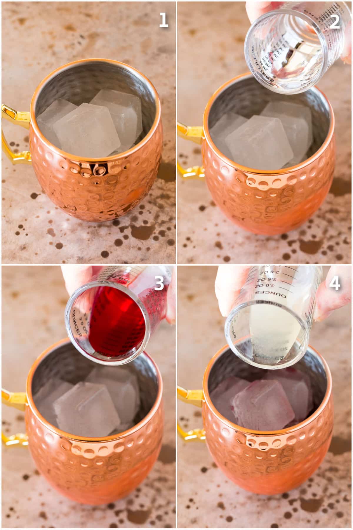 Ice, vodka, cranberry juice and lime juice being added to a mug.
