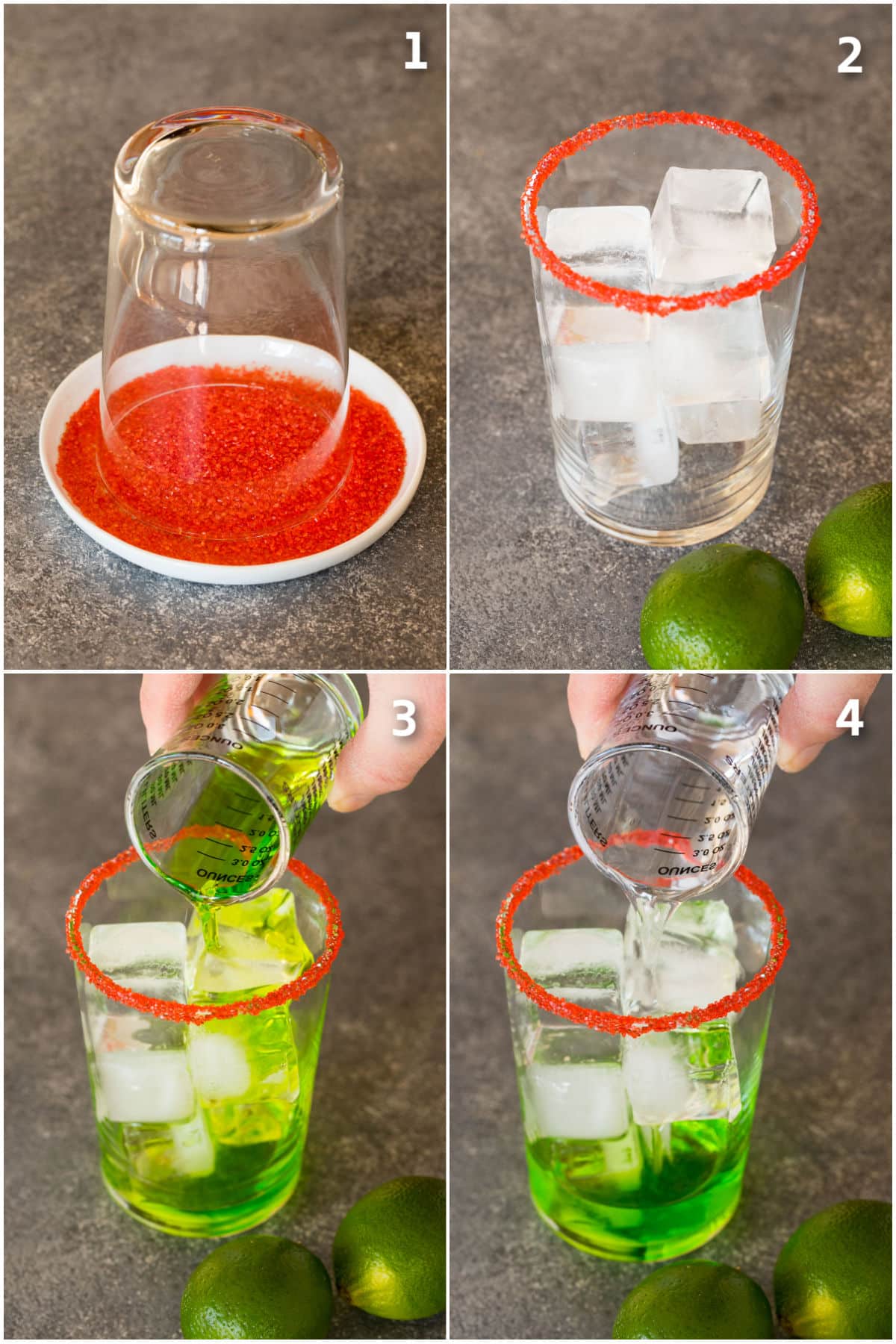 A glass with the rim coated in sugar and liquors being poured in.