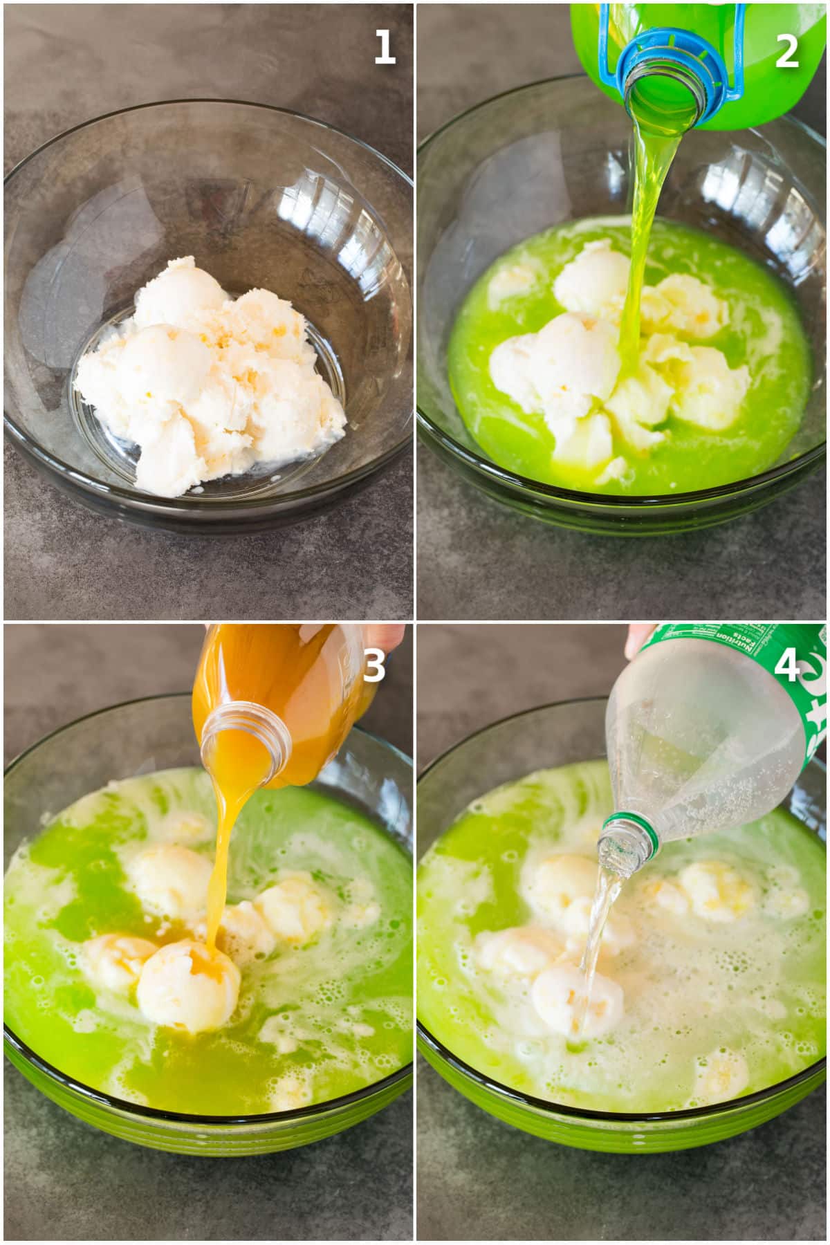 Sherbet, punch, juice and soda being added to a punch bowl.