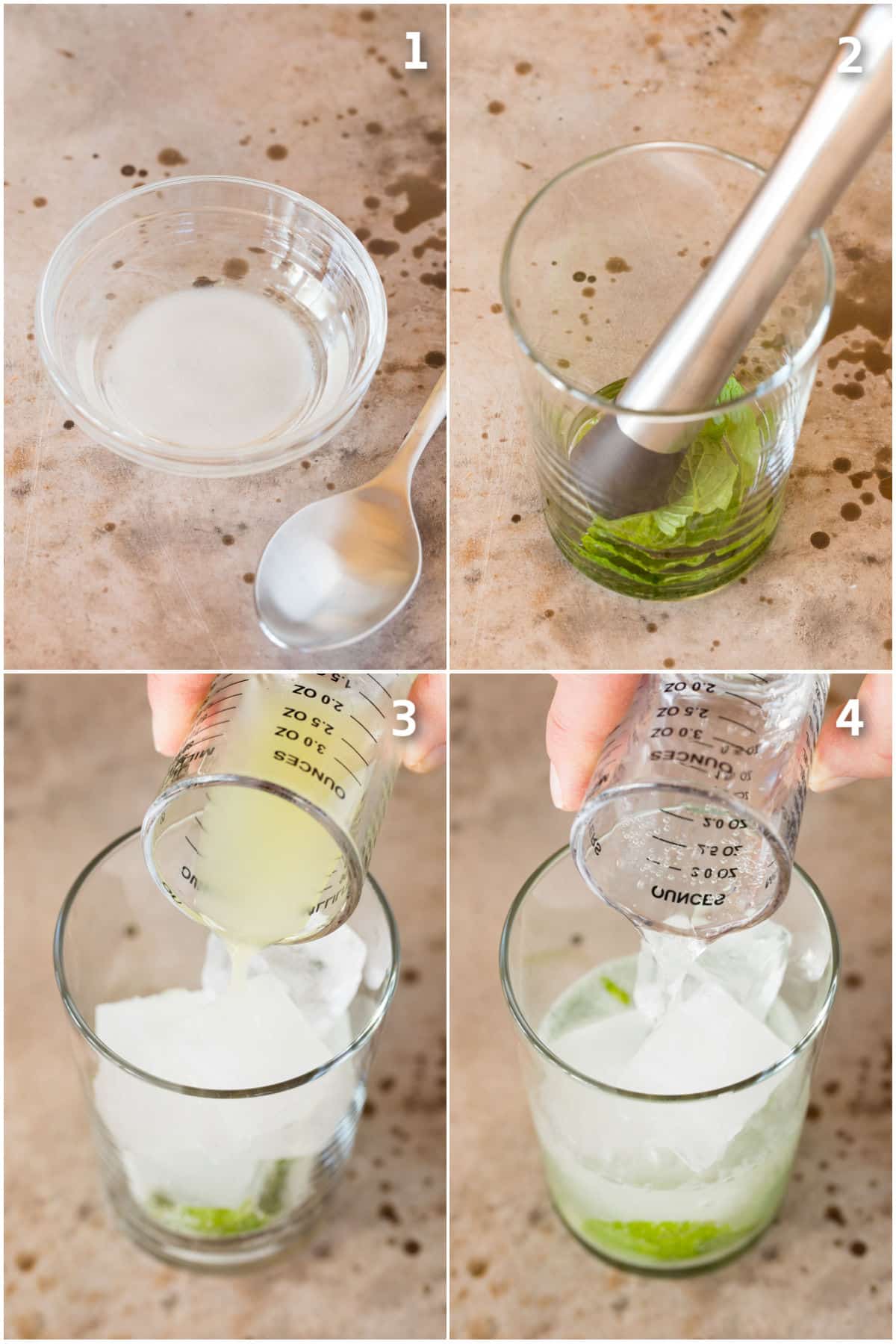 Sugar dissolved in water, mint being muddled and lime juice and club soda being poured into a cup.