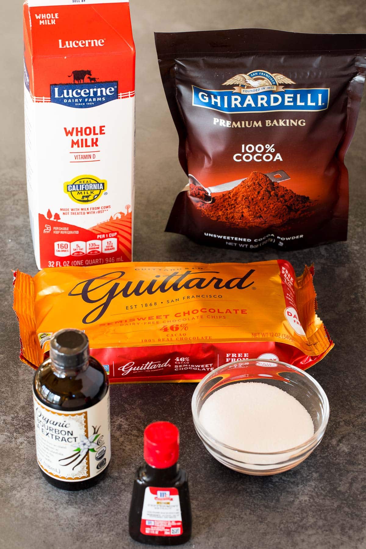 Ingredients including chocolate chips, peppermint extract, milk, sugar and cocoa powder.